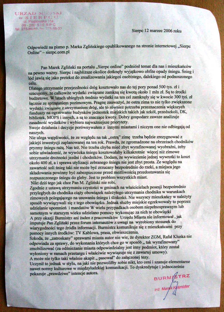 odpowied Pana Burmistrza Marka Komidra w sprawie niegu... (16-03-2005)