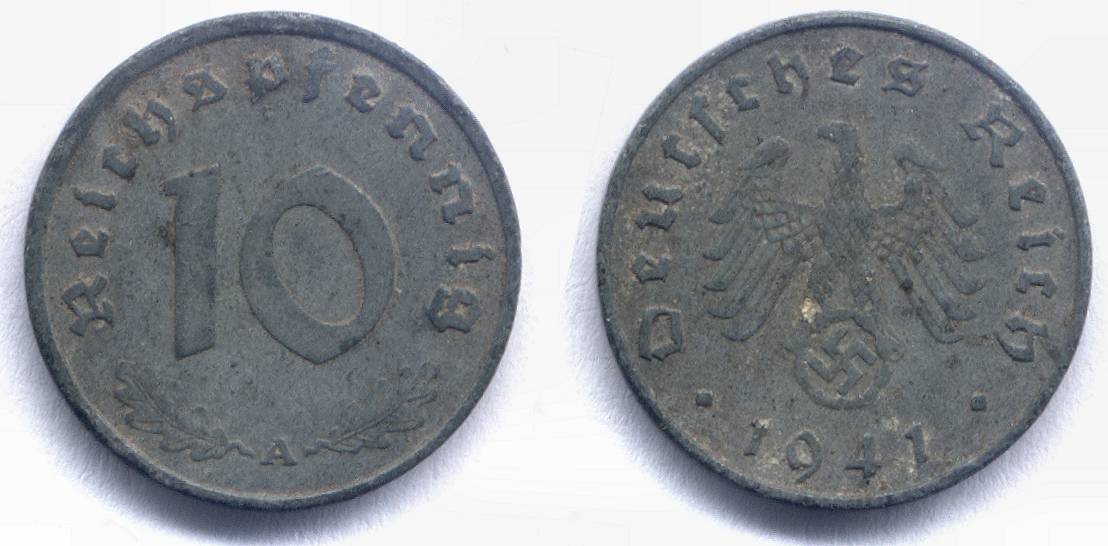 Waluta III Rzeszy - 10 Reichspfennig.<BR>1941  r.
