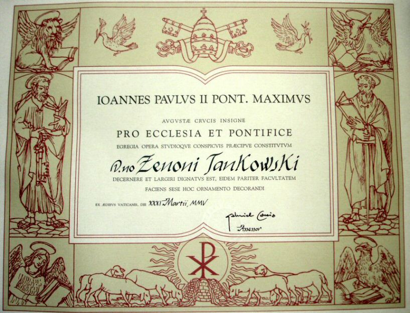Dokument papieski, nadajacy Zenonowi Jankowskiemu Zoty Medal Papieski Pro Ecclesia et Pontifice.
