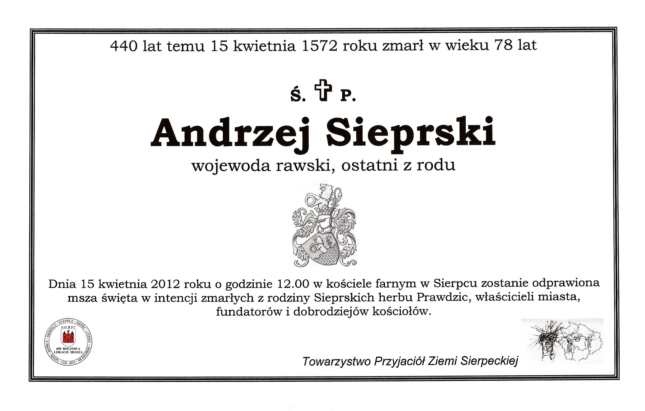 Zawiadomienie z 2012 roku informujce o mszy za Andrzeja Sieprskiego