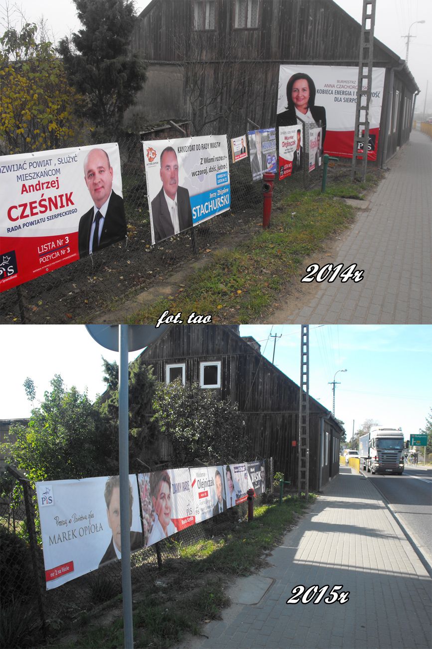 W telewizji można obejrzeć spot wyborczy, a w Sierpcu (patent) jest płot wyborczy przy ul. Kościuszki, 3.10.2015 r.