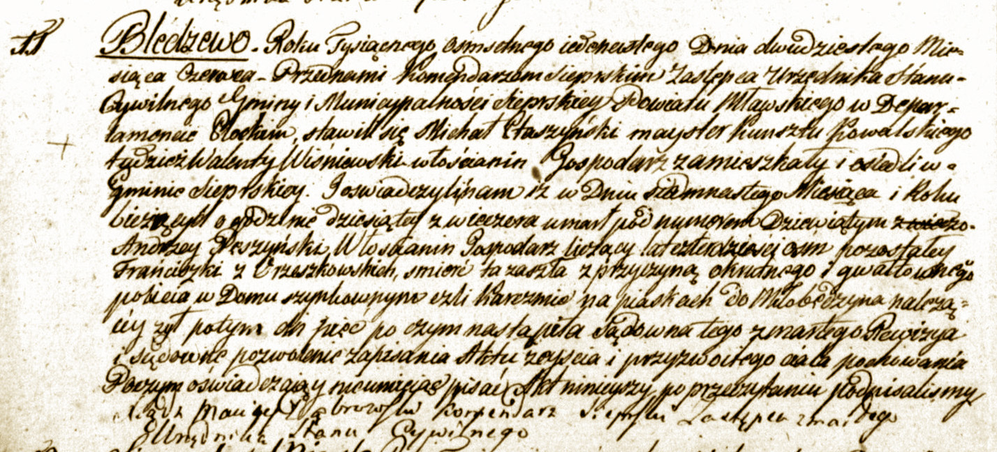 Akt zgonu z 1811 roku Andrzeja Pęszyńskiego śmiertelnie pobitego w karczmie