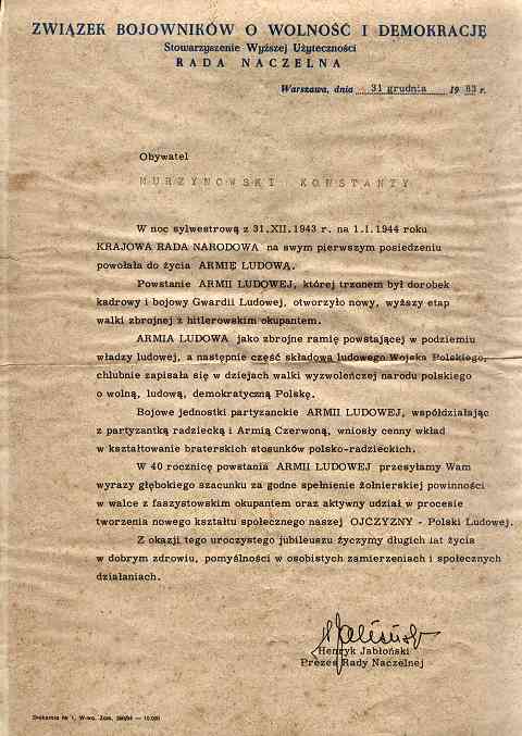 List gratulacyjny wysłany przez Radę Naczelną ZBOWiD do jednego z byłych partyzantów Armii Ludowej z okazji 40 rocznicy powstania AL - 31 XII 1983 r.