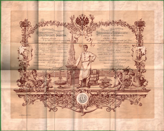 Certyfikat potwierdzajcy uzyskanie w 1895 r. uprawnie subiekta cukierniczego przez Piotra Tuacza.