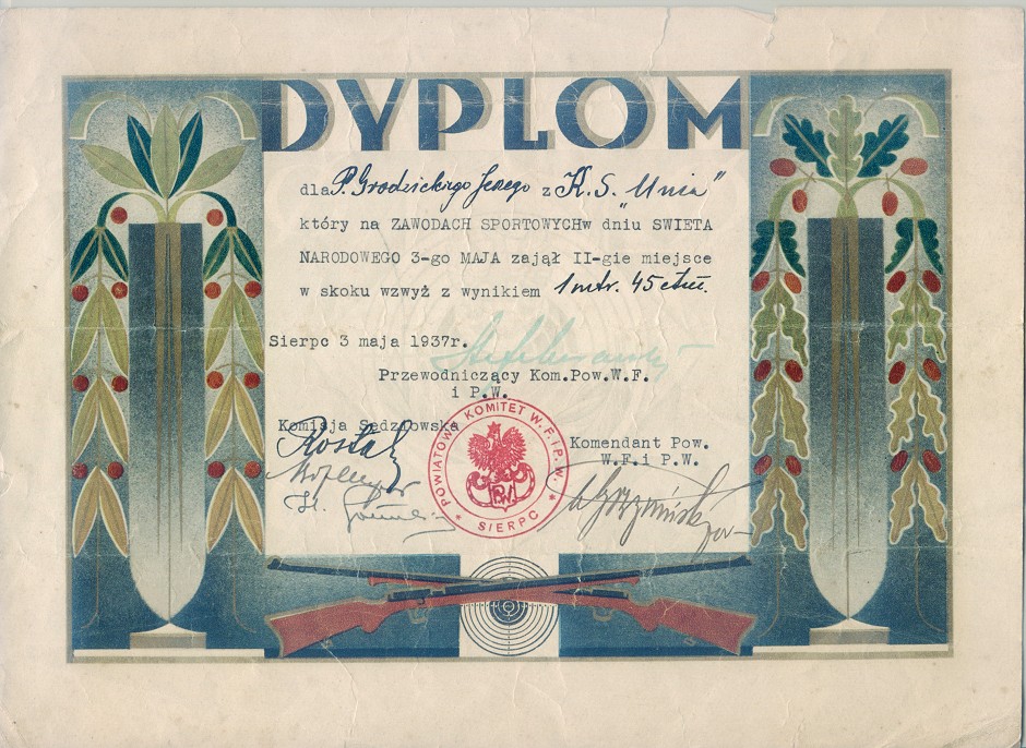 Dyplom Jerzego Grodzickiego z Klubu Sportowego 
