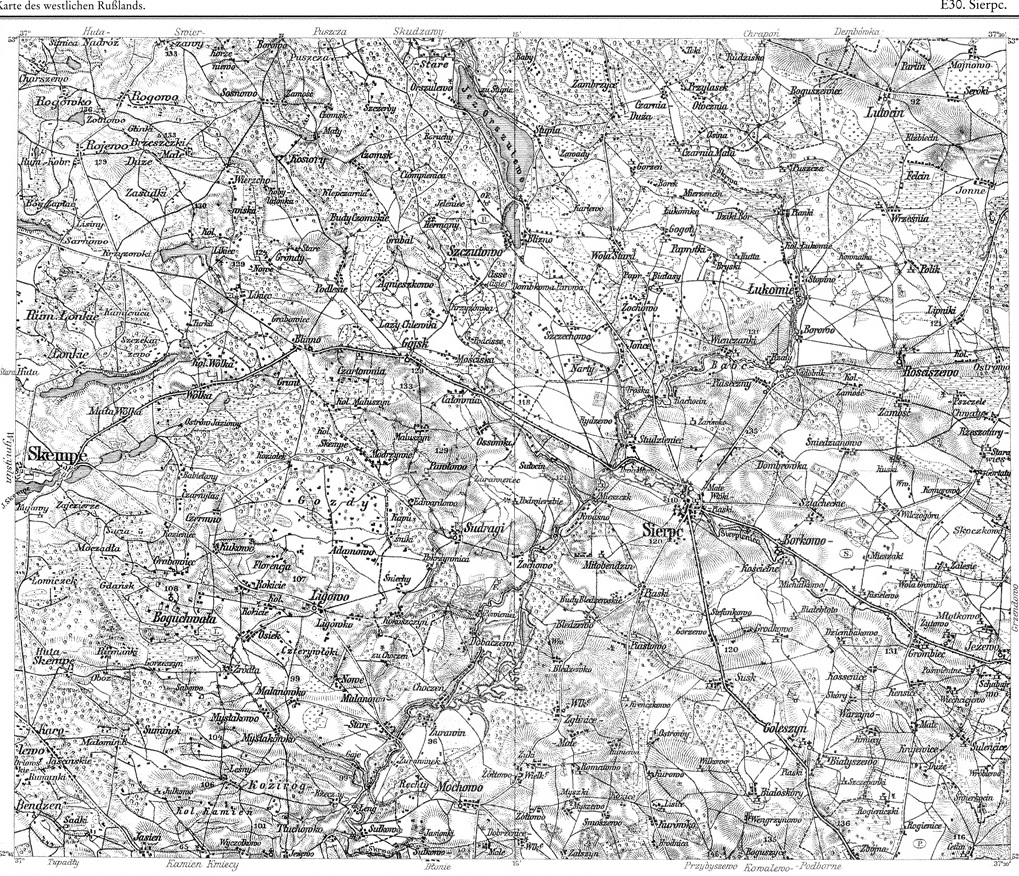Arkusz E30 niemieckiej mapy wojskowej <i> Karte des westlichen Rulands </i> (mapa Rosji zachodniej) z przeomu XIX i XX wieku. <BR> Arkusz obrazuje zachodnie czci ziemi sierpeckiej i miasto Sierpc.