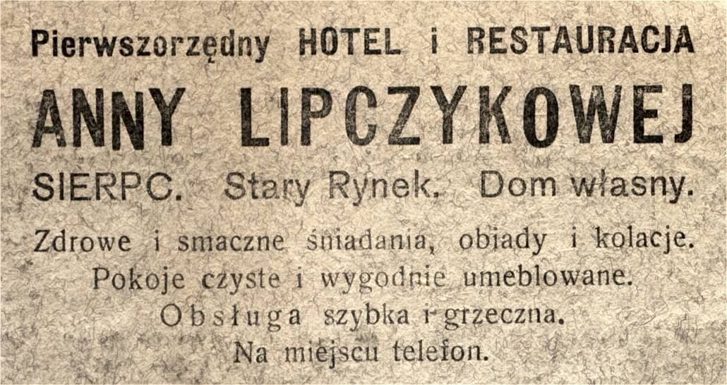 Reklama hotelu i restauracji Anny Lipczykowej zamieszczona w pimie 