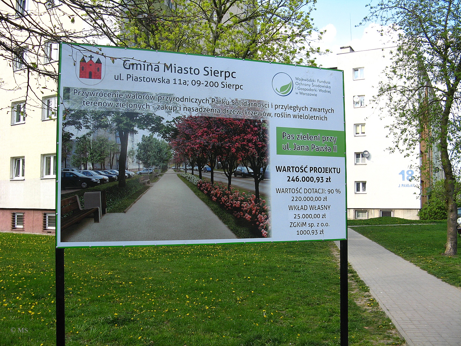 Tablica informacyjna z wizualizacj nasadze drzew i krzeww przy ulicy Jana Pawa II w Sierpcu, 27.04.2015 r.