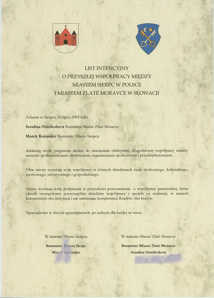 List intencyjny podpisany 10 lipca 2004 r. przez burmistrzw Sierpca i sowackiej miejscowoci Zlate Moravce.<BR>(podpisy  zostay celowo zamazane)