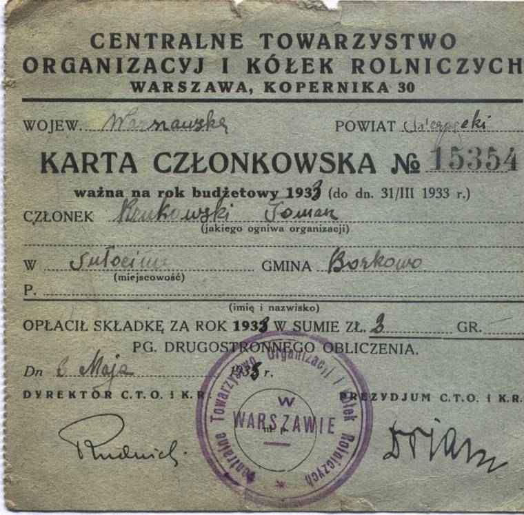 Karta czonkowska Centralnego Towarzystwa Organizacji i Kek Rolniczych. (1938 r.)