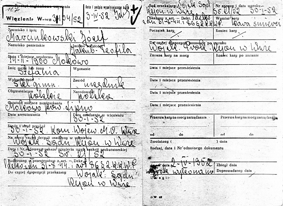 Karta Jzefa Marcinkowskiego z wizienia mokotowskiego w Warszawie. Wida dat wykonania egzekucji: 2 IV 1952 r.
