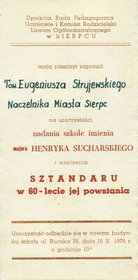 Zaproszenie na uroczysto nadania imienia Liceum Oglnoksztaccemu w Sierpcu. (16 X 1976 r.)