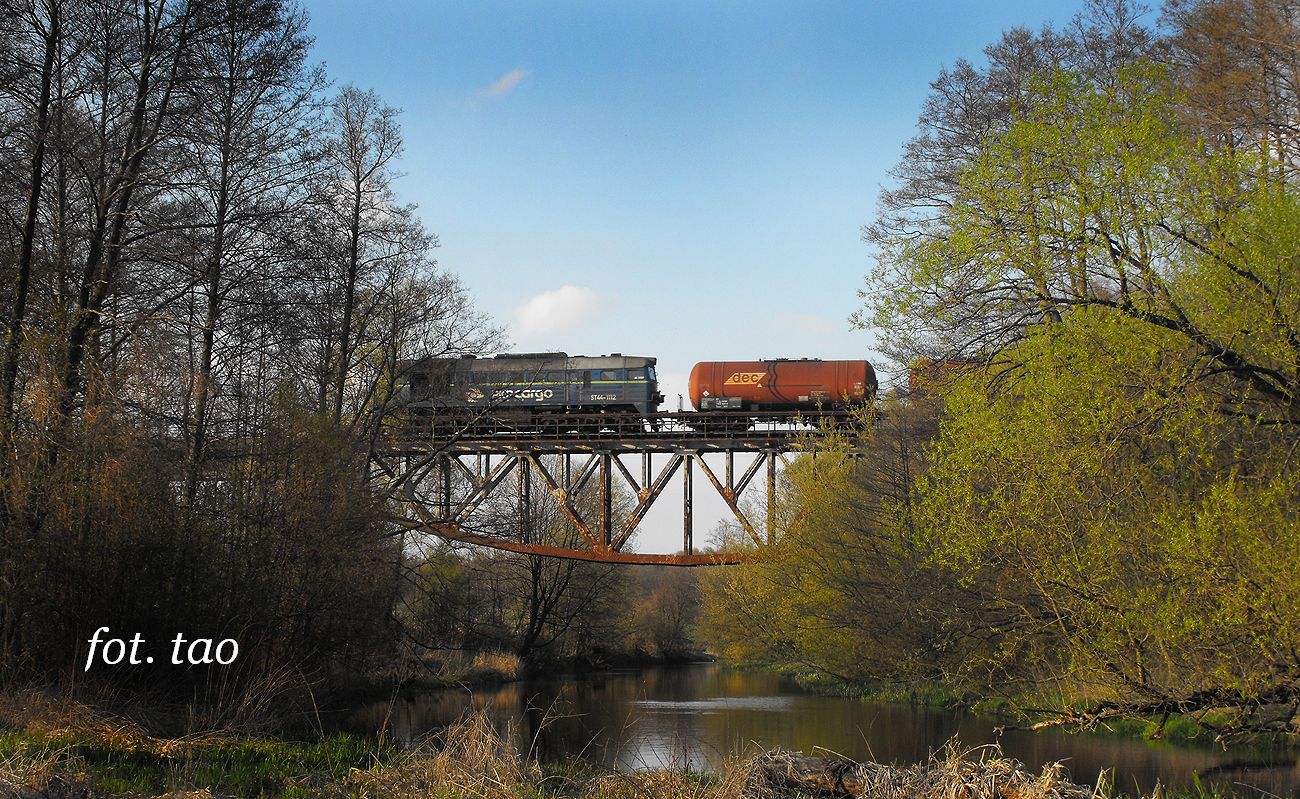 Lokomotywa ST44 PKP Cargo ze skadem towarowym pokonuje most na rzece Skrwie w Mieszczku, 25.04.2012 r.