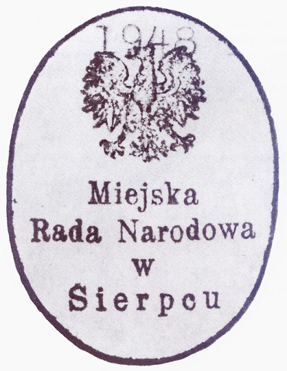 Piecz urzdowa uywana przez Miejsk Rad Narodow.<br>Zaczerpnite  z: S.K.Kuczyski, Pieczcie i herb Sierpca, Sierpc 1981.
