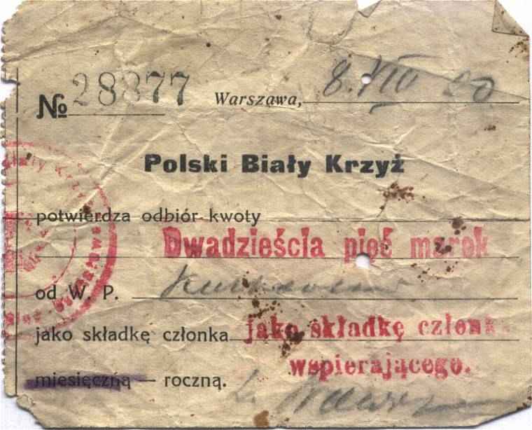 Potwierdzenie wpaty na Polski Biay Krzy. (1920 r.)