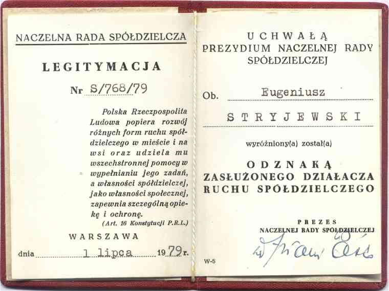 Legitymacja Zasuonego Dziaacza Ruchu Spdzielczego wystawiona naczelnkowi miasta Sierpca 1 VII 1979 r.