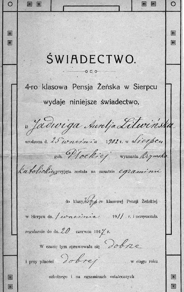 wiadectwo ukoczenia 4-klasowej pensji eskiej przez Jadwig Aureli Litwisk w 1917 r.