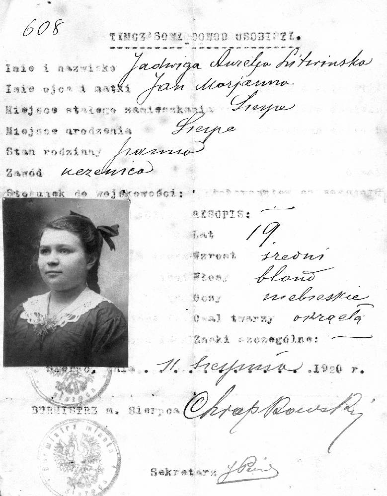 Tymczasowy dowd osobisty wystawiony w 1920 r. na nazwisko Jadwigi Aurelii Litwiskiej.