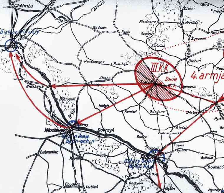 Sytuacja militarna w powiecie sierpeckim 13 VIII 1920 r. w czasie wojny polsko-bolszewickiej  oraz kierunki działania stacjonującego w Sierpcu 3 Korpusu Konnego Gaj-Chana Bżyszkiana.<BR>Fragment  mapy pochodzącej z: J.Piłsudski, 